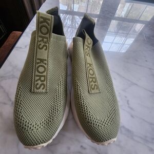 Michael Kors Slip-On Knit Sneakers in Olive, Slight Wedge Sole.